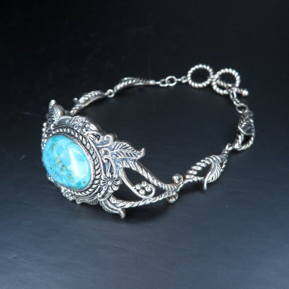 Sterling Silver Ornate Adjustable Turquoise Bracelet - Picture 9 of 11